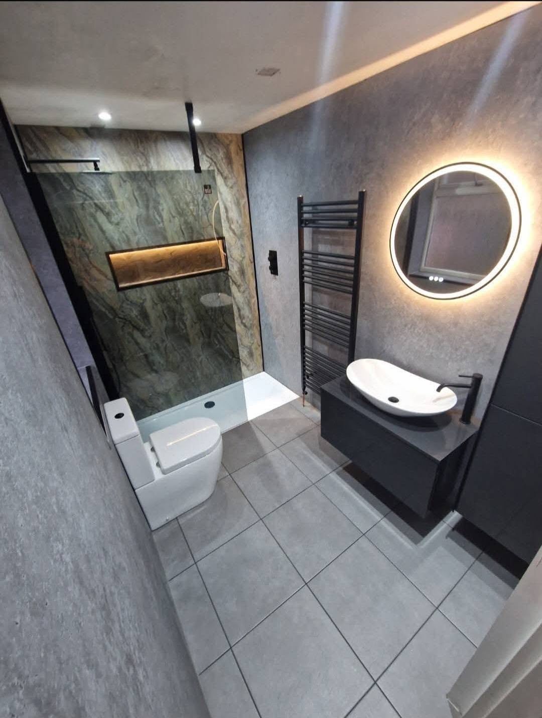 Shower room with a feature stone wall, Ashburys Property Renovations, Stockport