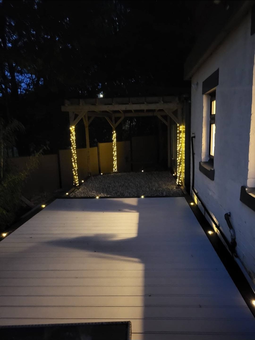 Composite deck and lighting at night, Ashburys Property Renovations, Stockport
